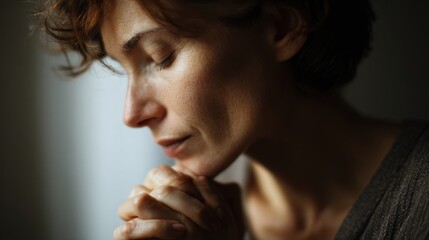Close-up of a contemplative woman with short curly hair in deep thought indoors.