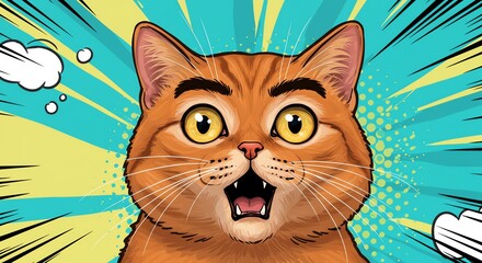 Orange cat with surprised expression and comic background