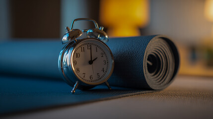 Naklejka premium Time management and work-life balance concept with a desk clock and yoga mat in the same room