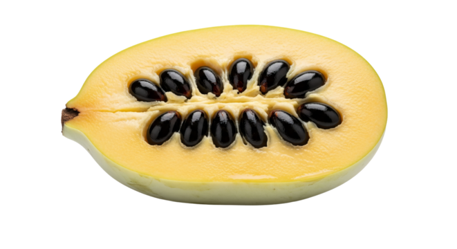 Pawpaw fruit is cut in half exposing numerous seeds within its pale yellow pulp. - Powered by Adobe