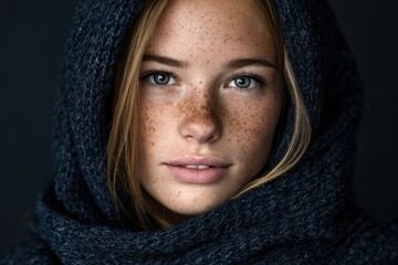 Fototapeta premium Close-up portrait of young girl with freckles and blue eyes wearing a dark hoodie.
