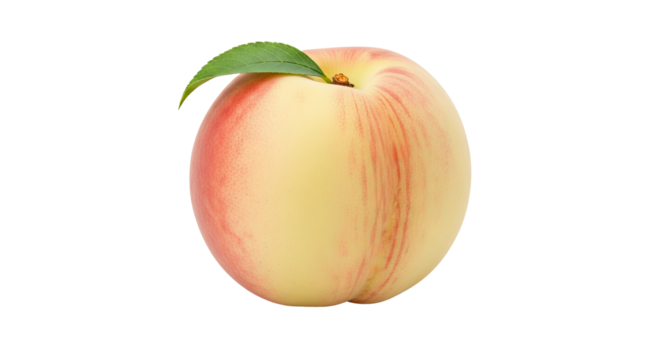 Peach sits prominently against a isolated background, featuring a vibrant blend of red and yellow hues with a green leaf attached!