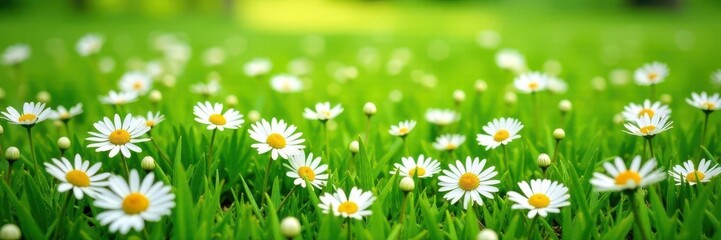 Blanket of cheerful daisies spread across lush green grass, floral, outdoor