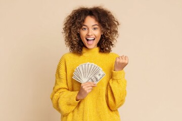 Happy young woman with curly hair holding fan of cash and celebrating success.
