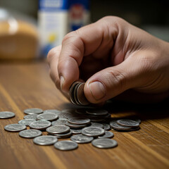 Counting Coins on a Wodden Table Close Up with Hand