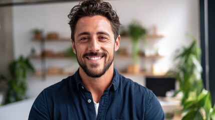 Obraz premium Friendly smiling man with beard and dark hair wearing casual shirt indoors.