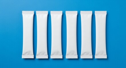 Blank sachet  on blue background. Ideal for supplement, drink mix, or cosmetic packaging mockups. Clean, minimal, and top view layout. 