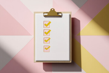 Clipboard with checklist on colorful geometric background. Organization and completed tasks concept.
