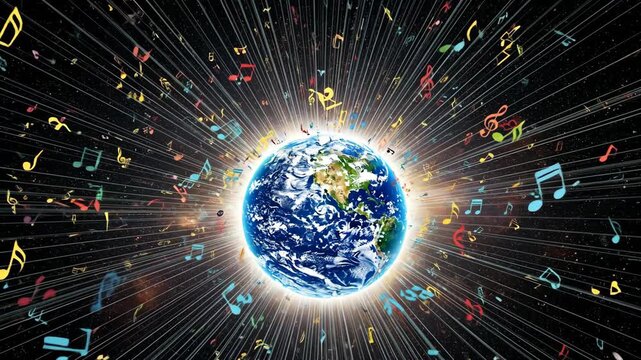 Global Music Vibrant Notes Radiating Earth - A vibrant video depicting Earth as a source of radiating musical notes, symbolizing global music and connectivity.