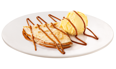 prato com crepe de doce de leite acompanhado de bola de sorvete de baunilha isolado em fundo transparente