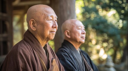 Obraz premium Two elderly Buddhist monks meditating outdoors in peaceful nature setting during sunrise.