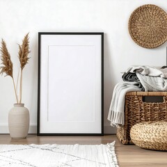 Blank picture frame mockup leaning against white wall with woven basket and decorative elements