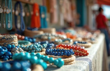 Vibrant collection of handmade jewelry, accessories displayed on table at outdoor market stall. Colorful bracelets, necklaces, hats showcase intricate beadwork, traditional textiles. Perfect for