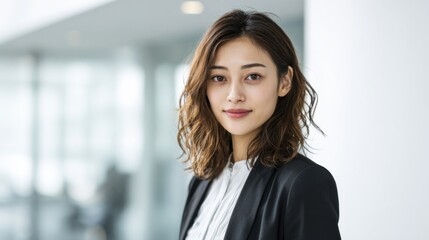 Fototapeta premium Professional young woman with wavy hair wearing business attire in modern office.
