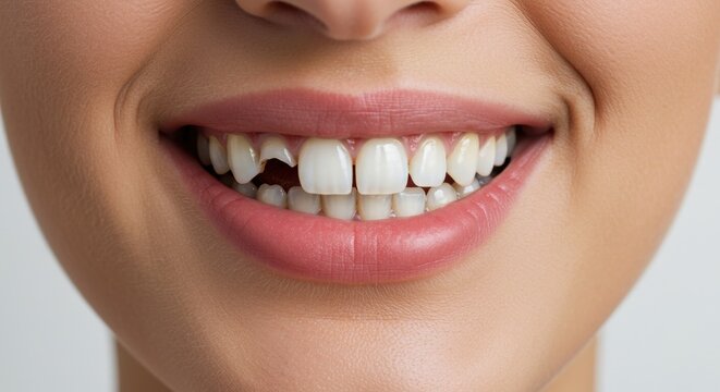 Closeup of female smile with broken tooth, dental health problem photography.
