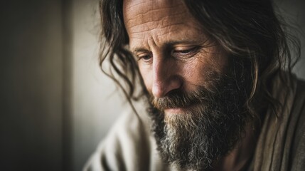 Obraz premium Thoughtful Middle-aged Man with Long Hair and Beard Looking Down in Reflection.