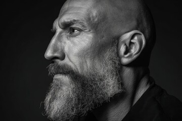 Obraz premium Black and white portrait of an elderly bald man with a full beard and serious expression.