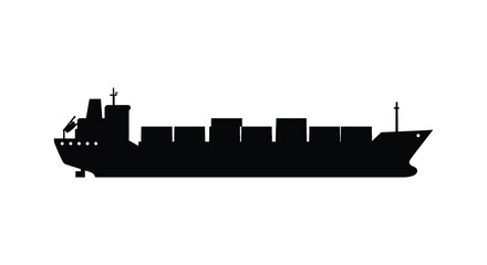 Large cargo ship silhouette with containers on deck in black