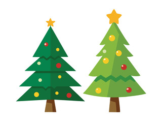 Obraz premium Two stylized Christmas trees with ornaments and stars on a white background