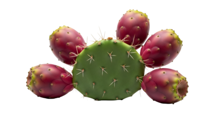 Prickly pear cactus displays its oval green pad surrounded by red fruit with spots against a background.
