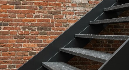Dark gray metal staircase against red brick wall