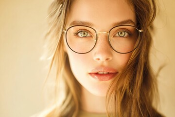 Fototapeta premium Close-up portrait of young woman with glasses, long wavy hair, and natural makeup.