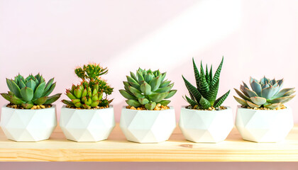 Fototapeta premium Five Succulents in White Geometric Pots on Wooden Shelf Against Pink Wall