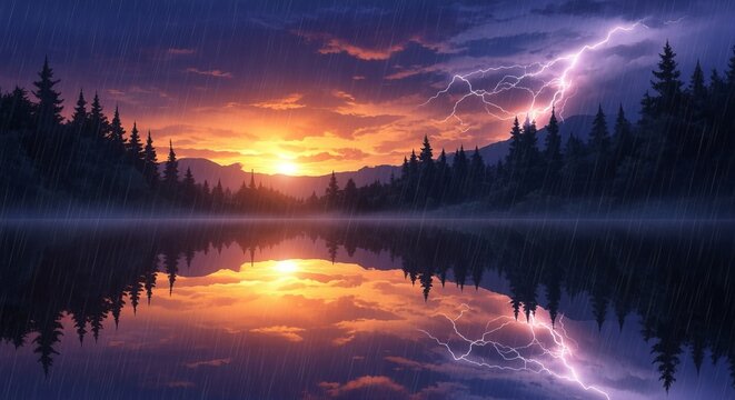 Dramatic Lightning Strike Over Calm Lake During Colorful Sunset with Rain - Powered by Adobe
