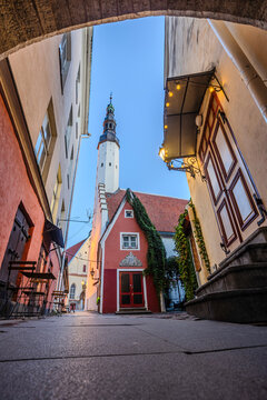 Tallinn Old Town medieval architecture with cobblestone streets and historic buildings at twilight