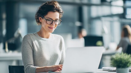 Happy woman working on laptop in modern office environment with smiling face.