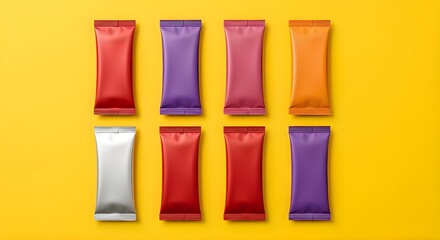 Colorful Stick Sachet Packaging Mockup on Yellow Background