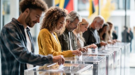 Diverse group of people voting elections at transparent ballot boxes in public setting.