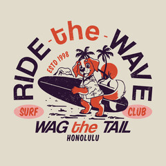 Hand-drawn illustration of a dog surfing on ocean waves. Perfect for t-shirts, stickers, posters, and digital products for dog lovers, beach enthusiasts, and summer-themed projects
