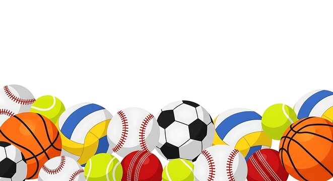 A vibrant assortment of sports balls such as basketball, soccer, football, tennis, baseball, volleyball, cricket, and rugby, all isolated on a clean white background - Powered by Adobe