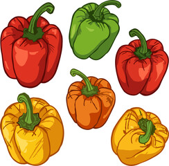 Colorful Bell Peppers Vector Illustration – Red, Green, Orange, Yellow – Fresh Vegetable Set