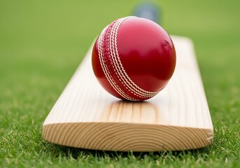 Closeup of a red cricket ball resting on a wooden cricket bat on a grassy field, ready for a game