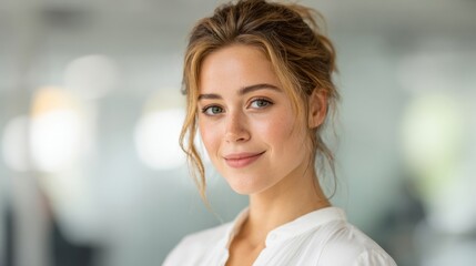 Fototapeta premium Close-up portrait of a young woman with light brown hair styled in a casual updo smiling naturally indoors.