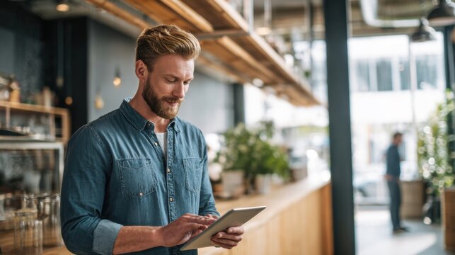 Young bearded man using digital tablet at modern cafe interior with sunlight. - Powered by Adobe