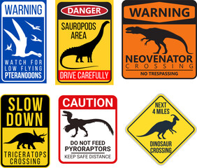 Dinosaur Warning sign Stickers Pack, vector illustration