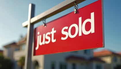 Red just sold sign for real estate. Clear white text on bright red background. Indicates successful property transaction completion. Used for marketing, announcing home sales, commercial business