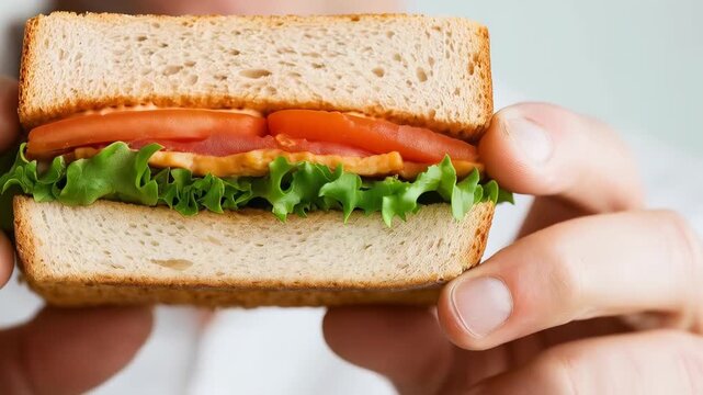 Professional chef presenting freshly made BLT sandwich featuring crispy toasted bread, crisp lettuce, ripe tomato, and sizzling bacon on clean white background