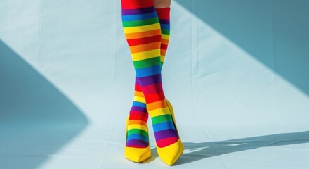 Legs in rainbow striped stockings and yellow heels against a blue backdrop