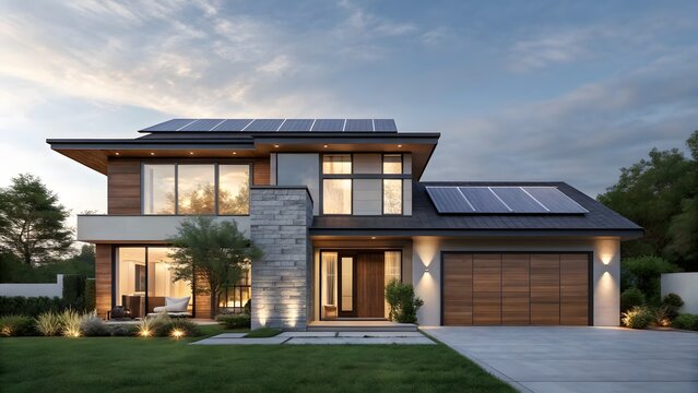 Modern luxury home with solar panels and wood accents at dusk