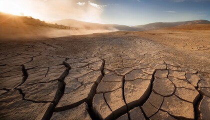 cracked earth surface after severe earthquake in dry terrain with dust rising and wide fissures spreading outward