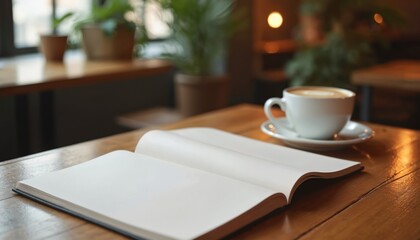 Open brochure mockup on wooden table in cozy cafe. Cup of coffee with latte art. Sunlight, shadow decor creates warm ambience. Ideal for presentation, layout, creative workspace, hospitality.