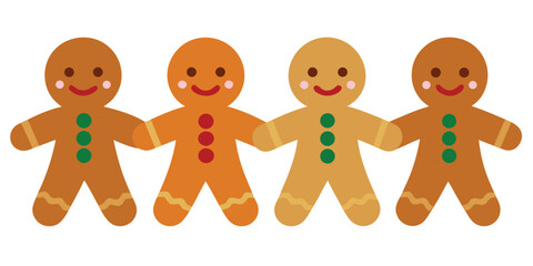 Four Smiling Gingerbread Men Holding Hands on a White Background