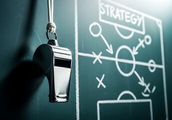 A silver whistle hangs in front of a chalkboard displaying a soccer strategy diagram with the word strategy at the top