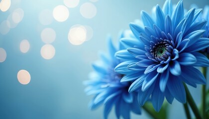 Obraz premium Close-up of delicate blue flower blooms with soft focus background, bokeh lights. Intricate petals reveal natural beauty, dreamy, serene atmosphere. Ideal for wallpapers, floral designs, nature