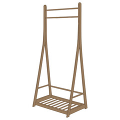 Vector art of wooden clothes rack with minimalist design and empty shelves, perfect for home decor, clothing storage, and retail display