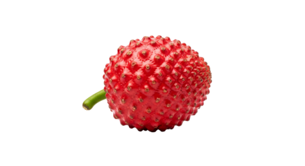 Red lychee fruit shows textured skin, a green stem, and a slightly spherical shape.